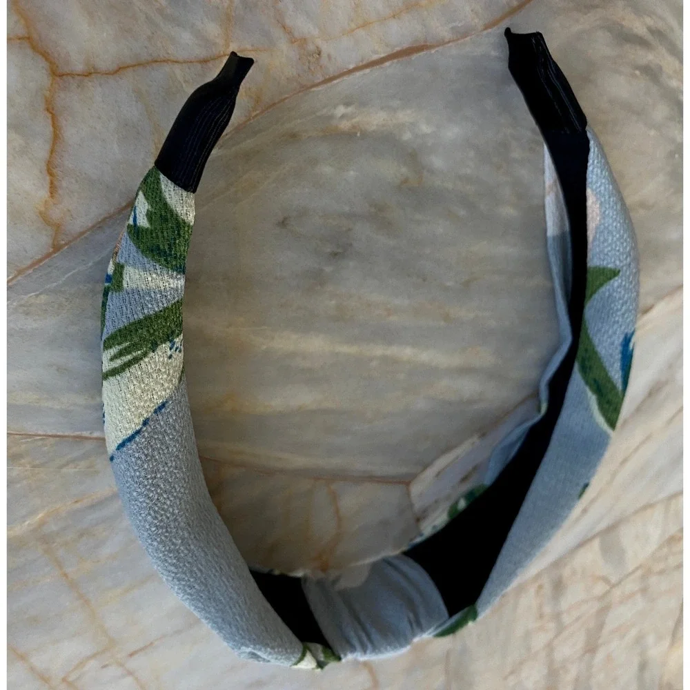 Blue Botanical Leaf Print Top Knot Headband Textured Crepe Wide Hair Band